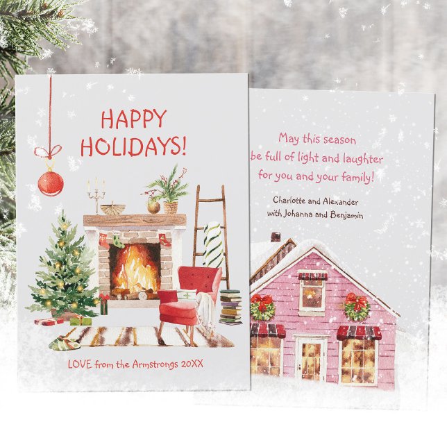 Cartes Pour Fêtes Annuelles Aquarelle Cosy hiver Cabine Noël (Watercolor Cozy Winter Cabin Christmas Holiday Card ©Susanne Sachers - Sunny Mind Design 🌞)