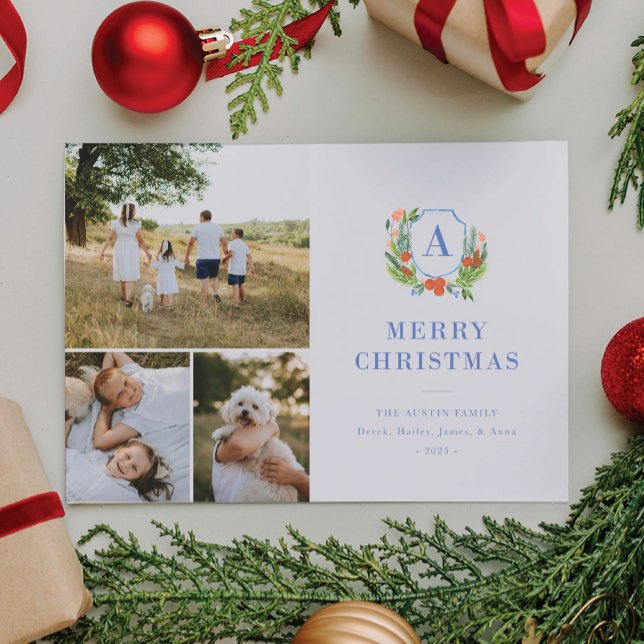 Cartes Pour Fêtes Annuelles Aquarelle Crest Preppy Noël Multi-Carte photo (A multi photo Christmas card featuring a custom family crest with hand painted foliage)