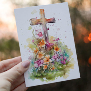 Cartes Pour Fêtes Annuelles Aquarelle Croix chrétienne et fleurs de printemps