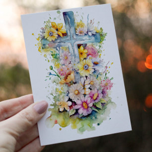 Cartes Pour Fêtes Annuelles Aquarelle Croix chrétienne et fleurs de printemps
