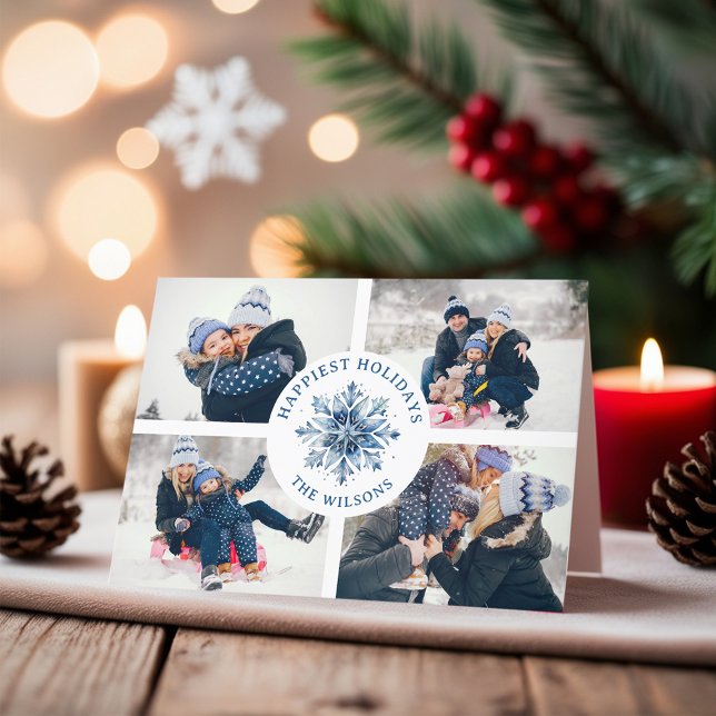 Cartes Pour Fêtes Annuelles Aquarelle Crystal Blue Snowflake 4 Photo Collage (Créateur téléchargé)
