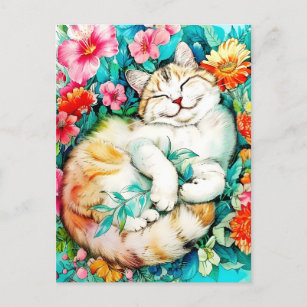 Cartes Pour Fêtes Annuelles Aquarelle de chat Fleur de prairie Bliss