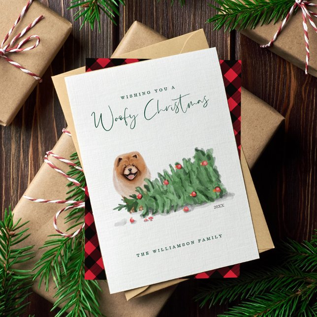 Cartes Pour Fêtes Annuelles Aquarelle de chien coquin Chow Chow Knock Tree ove (Naughty Dog Watercolor Chow Chow Knocked Tree Over Holiday Card)