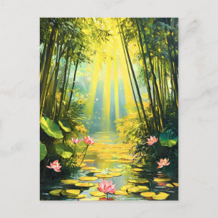 Cartes Pour Fêtes Annuelles Aquarelle de la forêt de Lotus Bamboo d'or