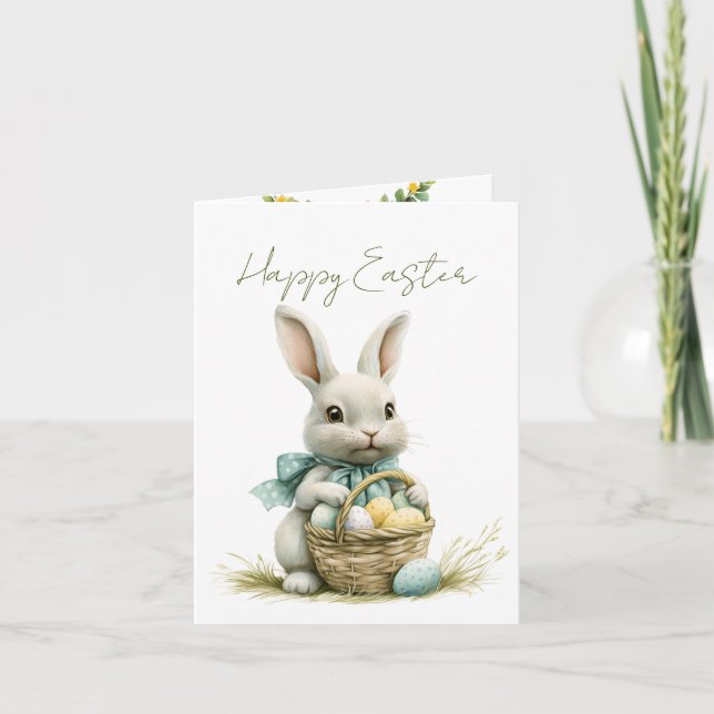 Cartes Pour Fêtes Annuelles Aquarelle de lapin doux Floral Pâques (Devant)