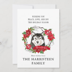 Cartes Pour Fêtes Annuelles Aquarelle de malamute Alaskan Poinsettia Noël