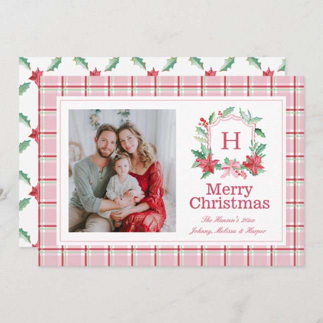 Cartes Pour Fêtes Annuelles Aquarelle de Monogramme de Preppy Wreath de Noël H (Devant / Derrière)