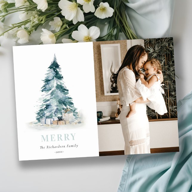 Cartes Pour Fêtes Annuelles Aquarelle de neige pin Noël Arbre cadeau photo (Créateur téléchargé)