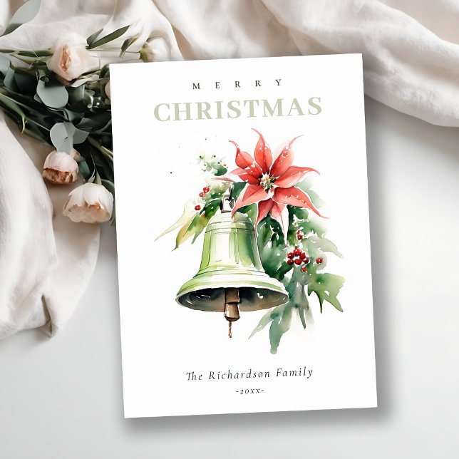 Cartes Pour Fêtes Annuelles Aquarelle de Noël Bell Pine Poinsettia Folithe (Créateur téléchargé)