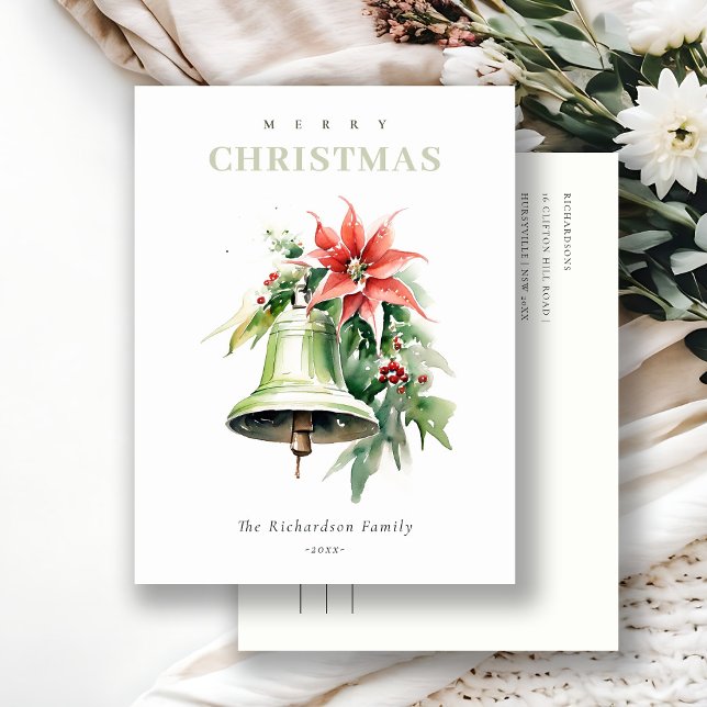 Cartes Pour Fêtes Annuelles Aquarelle de Noël Bell Pine Poinsettia Folithe (Créateur téléchargé)