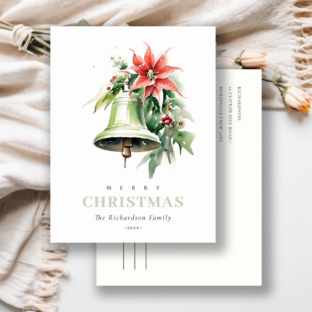 Cartes Pour Fêtes Annuelles Aquarelle de Noël Bell Pine Poinsettia Folithe (Créateur téléchargé)