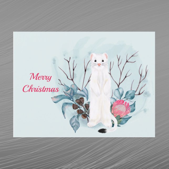 Cartes Pour Fêtes Annuelles Aquarelle de Noël blanche Ermine rose (Créateur téléchargé)