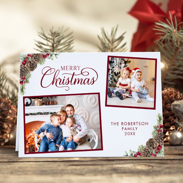 Cartes Pour Fêtes Annuelles Aquarelle de Noël Botanique 2 Photo Élégante (Créateur téléchargé)