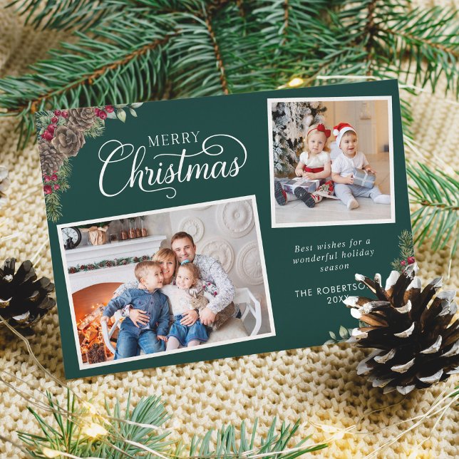 Cartes Pour Fêtes Annuelles Aquarelle de Noël Botanique 2 Photo Vert foncé (Créateur téléchargé)