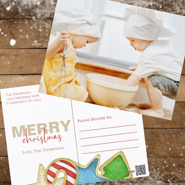Cartes Pour Fêtes Annuelles Aquarelle de Noël Cute Cookies 1 Photo (Merry Christmas holiday photo postcard with whimsical colorful Christmas cookies. )