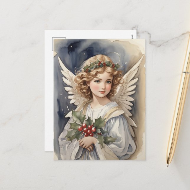 Cartes Pour Fêtes Annuelles Aquarelle de Noël festive Angel Holiday (Devant/Arrière en situation)