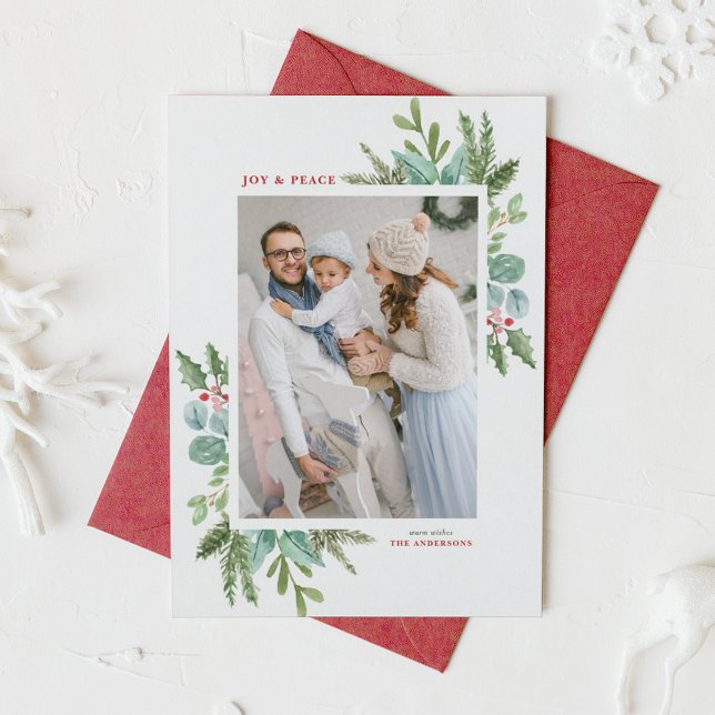 Cartes Pour Fêtes Annuelles Aquarelle de Noël Folithe photo du cadre (Customizable photo Christmas card featuring watercolor frame of winter greenery and winterberry)