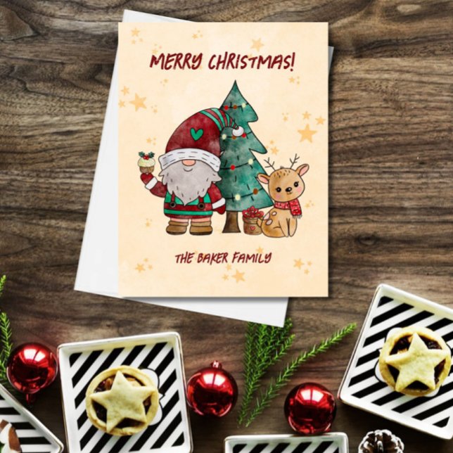 Cartes Pour Fêtes Annuelles Aquarelle de Noël Gnome Reindeer (Créateur téléchargé)