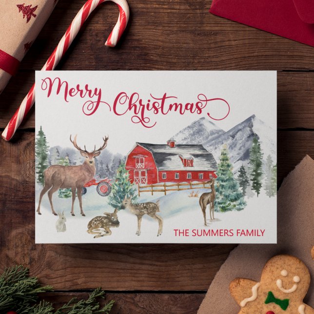 Cartes Pour Fêtes Annuelles Aquarelle de Noël Hiver Grange Bois Cerf (Créateur téléchargé)