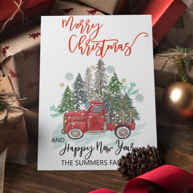 Cartes Pour Fêtes Annuelles Aquarelle de Noël Hiver Grange Pays Camion (Créateur téléchargé)