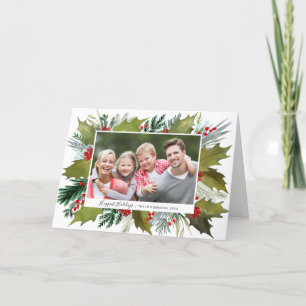 Cartes Pour Fêtes Annuelles Aquarelle de Noël Holly Wreath Photo Grey