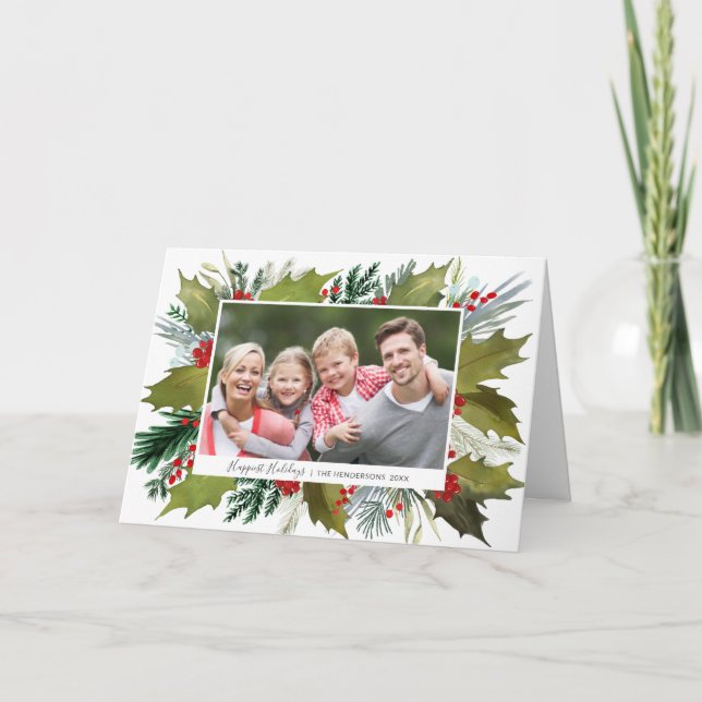Cartes Pour Fêtes Annuelles Aquarelle de Noël Holly Wreath Photo Grey (Devant)
