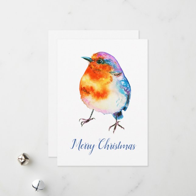 Cartes Pour Fêtes Annuelles Aquarelle de Noël joyeux Robin personnalisable (Devant/Arrière en situation)
