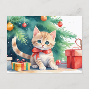 Cartes Pour Fêtes Annuelles Aquarelle de Noël mignonne Orange Tabby Kitten