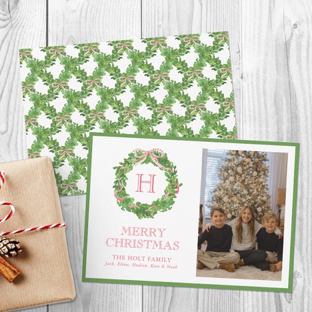 Cartes Pour Fêtes Annuelles Aquarelle de Noël Monogramme Bow Wreath Photo (Créateur téléchargé)