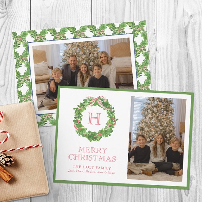 Cartes Pour Fêtes Annuelles Aquarelle de Noël Monogramme Bow Wreath Photo (Créateur téléchargé)