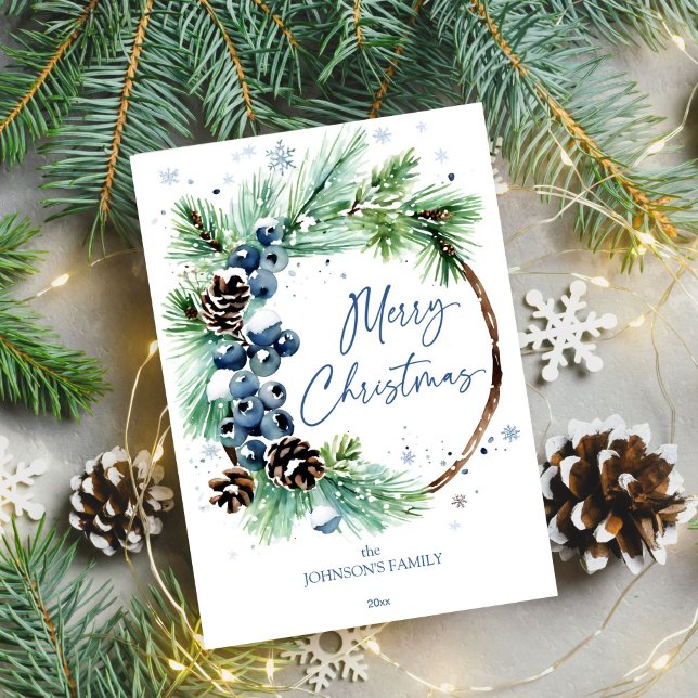 Cartes Pour Fêtes Annuelles Aquarelle de Noël neige pins wreath (Merry Christmas template holiday greeting card watercolor pine wreath blue winter berries pinecones)
