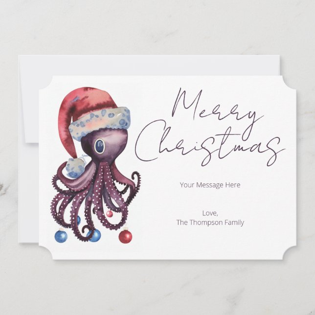 Cartes Pour Fêtes Annuelles Aquarelle de Noël Octopus portant un chapeau de Pè (Devant)