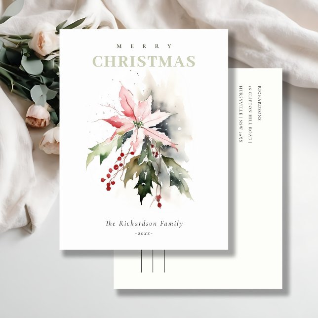 Cartes Pour Fêtes Annuelles Aquarelle de Noël Poinsettia Berries Folithe (Créateur téléchargé)