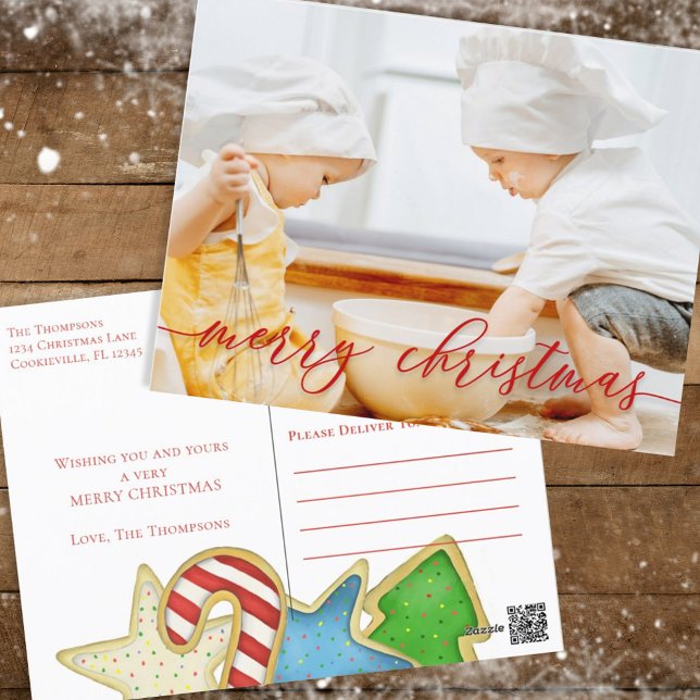 Cartes Pour Fêtes Annuelles Aquarelle de Noël Script Cute Cookies 1 Photo (Merry Christmas holiday photo postcard with whimsical colorful Christmas cookies. )
