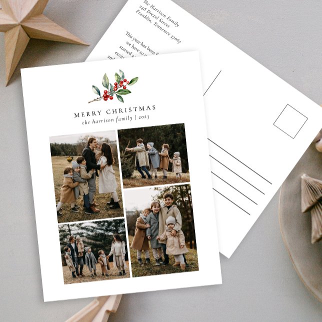 Cartes Pour Fêtes Annuelles Aquarelle de Noël simple Collage photo florale (Créateur téléchargé)