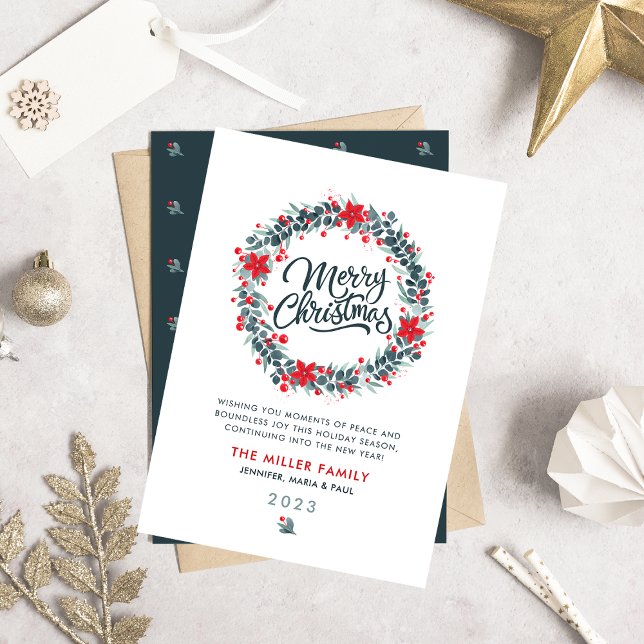 Cartes Pour Fêtes Annuelles Aquarelle de Noël Verdure Berry Wreath Script (Créateur téléchargé)