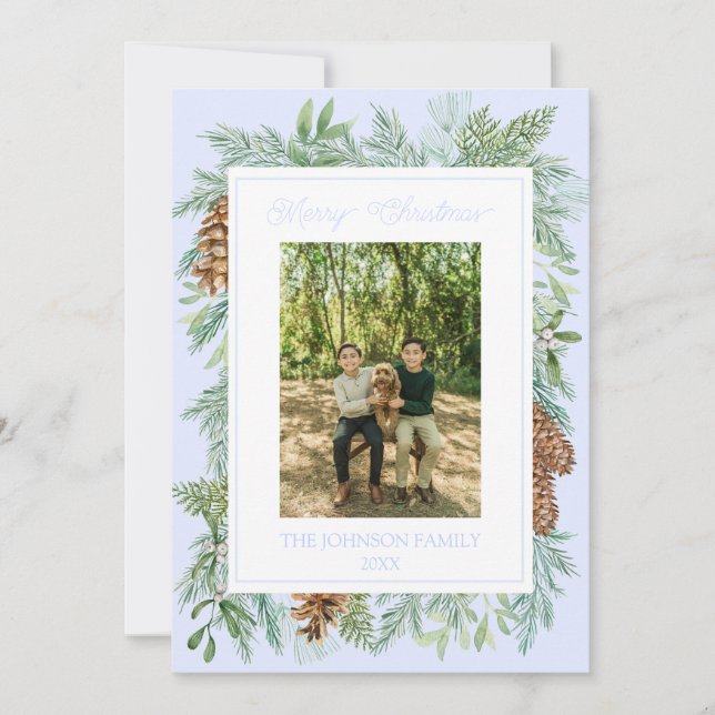 Cartes Pour Fêtes Annuelles Aquarelle de Noël Vert Botanique Bleu pâle (Devant)