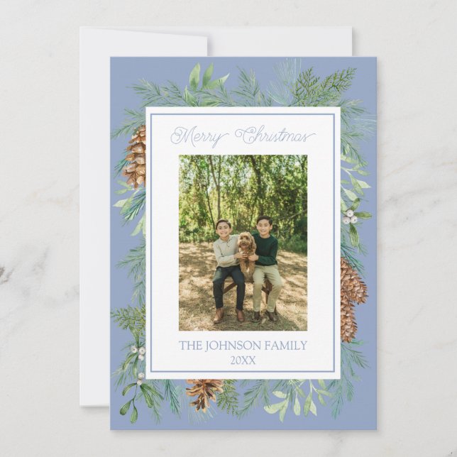 Cartes Pour Fêtes Annuelles Aquarelle de Noël Vert Botanique Dusty Bleu (Devant)