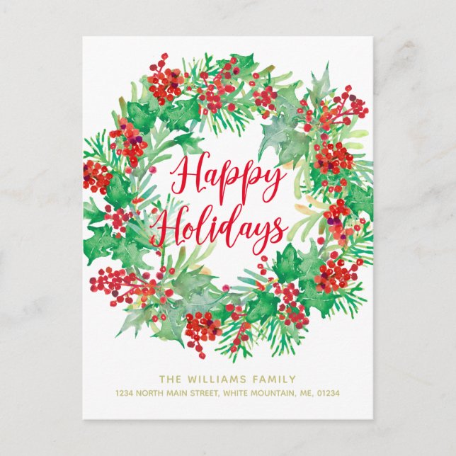 Cartes Pour Fêtes Annuelles Aquarelle de Noël Wreath Script moderne Moving (Devant)