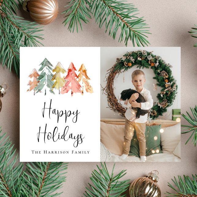Cartes Pour Fêtes Annuelles Aquarelle de pin moderne Noël (Share the love and warmth of the holiday season with this personalized photo Christmas card)