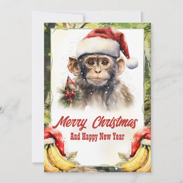 Cartes Pour Fêtes Annuelles Aquarelle de singe de Noël (Devant)