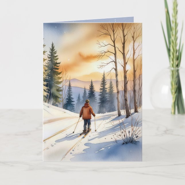 Cartes Pour Fêtes Annuelles Aquarelle de ski de fond d'anniversaire (Devant)