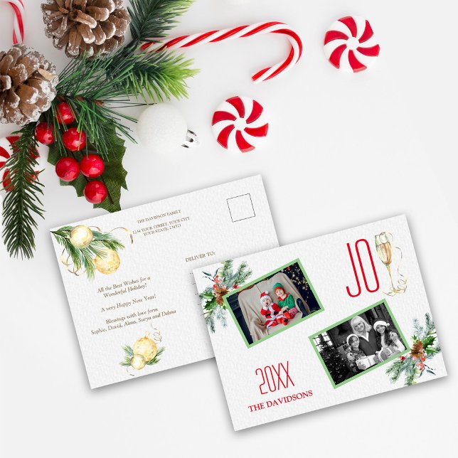 Cartes Pour Fêtes Annuelles Aquarelle de vacances Joy Photos de famille (Créateur téléchargé)