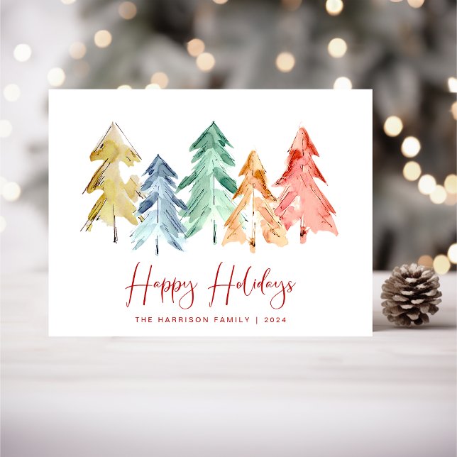 Cartes Pour Fêtes Annuelles Aquarelle des pins de Noël Joyeux (Créateur téléchargé)