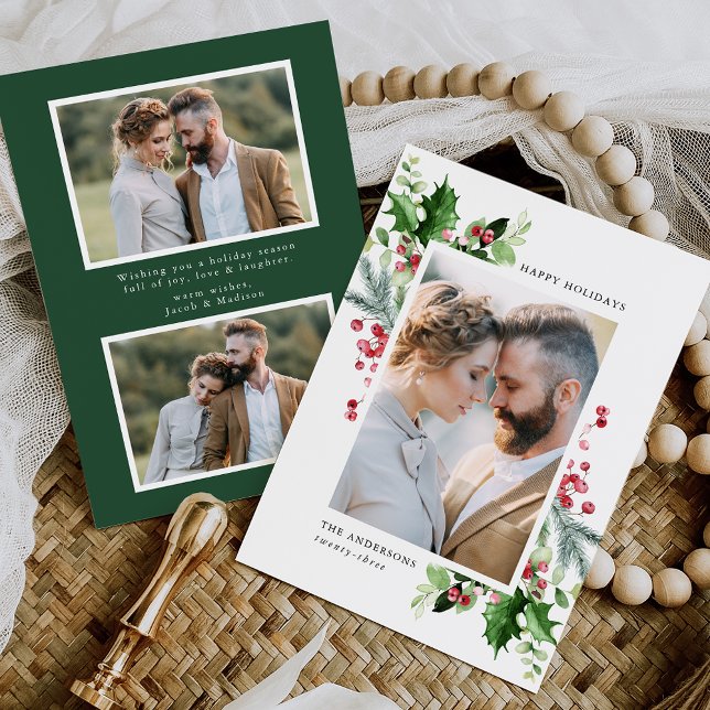 Cartes Pour Fêtes Annuelles Aquarelle d'hiver Holly Berries & Green 3 Photo (Créateur téléchargé)