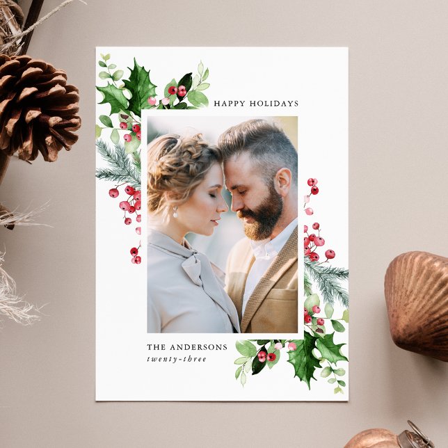 Cartes Pour Fêtes Annuelles Aquarelle d'hiver Holly Berries & Green Photo (Créateur téléchargé)