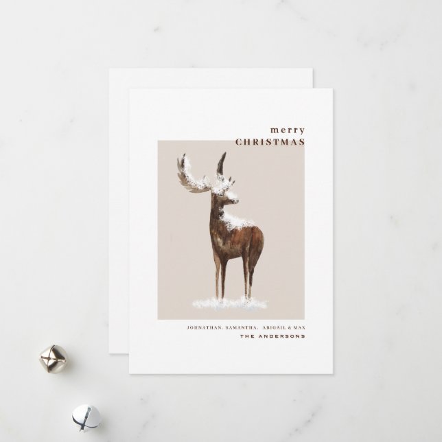 Cartes Pour Fêtes Annuelles Aquarelle d'hiver simple Bois Noël des cerfs (Devant/Arrière en situation)