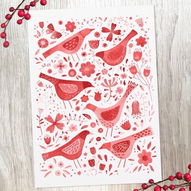 Cartes Pour Fêtes Annuelles Aquarelle d'oiseaux rouge (Watercolor bird and flower red and white holiday card)