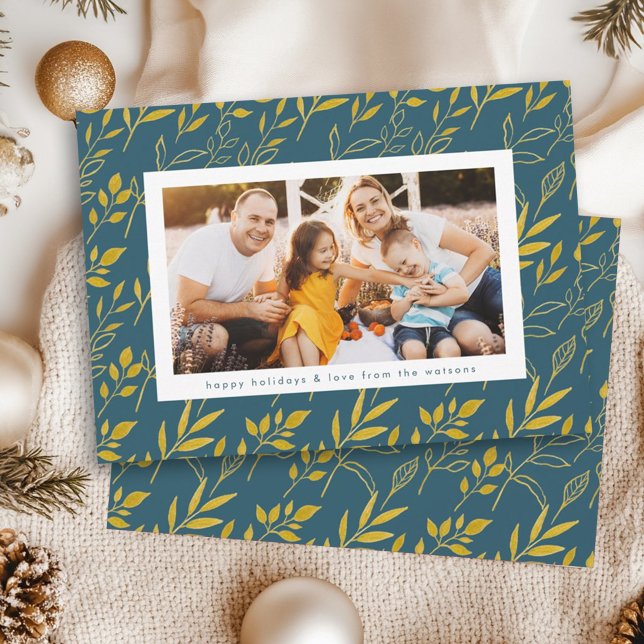 Cartes Pour Fêtes Annuelles Aquarelle d'or moderne Feuilles photo Noël (Créateur téléchargé)