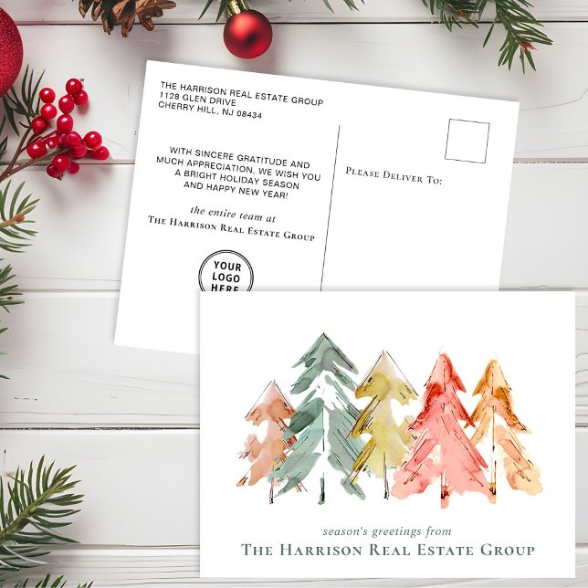 Cartes Pour Fêtes Annuelles Aquarelle du logo commercial Pine Trees (Spread the joy of the season and strengthen business relationships with our elegant holiday card)